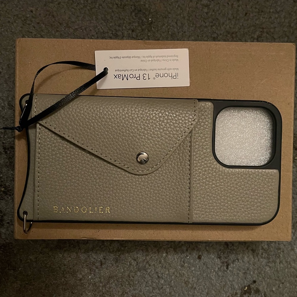 Bandolier khaki silver leather iPhone 13 Pro Max case nwt
